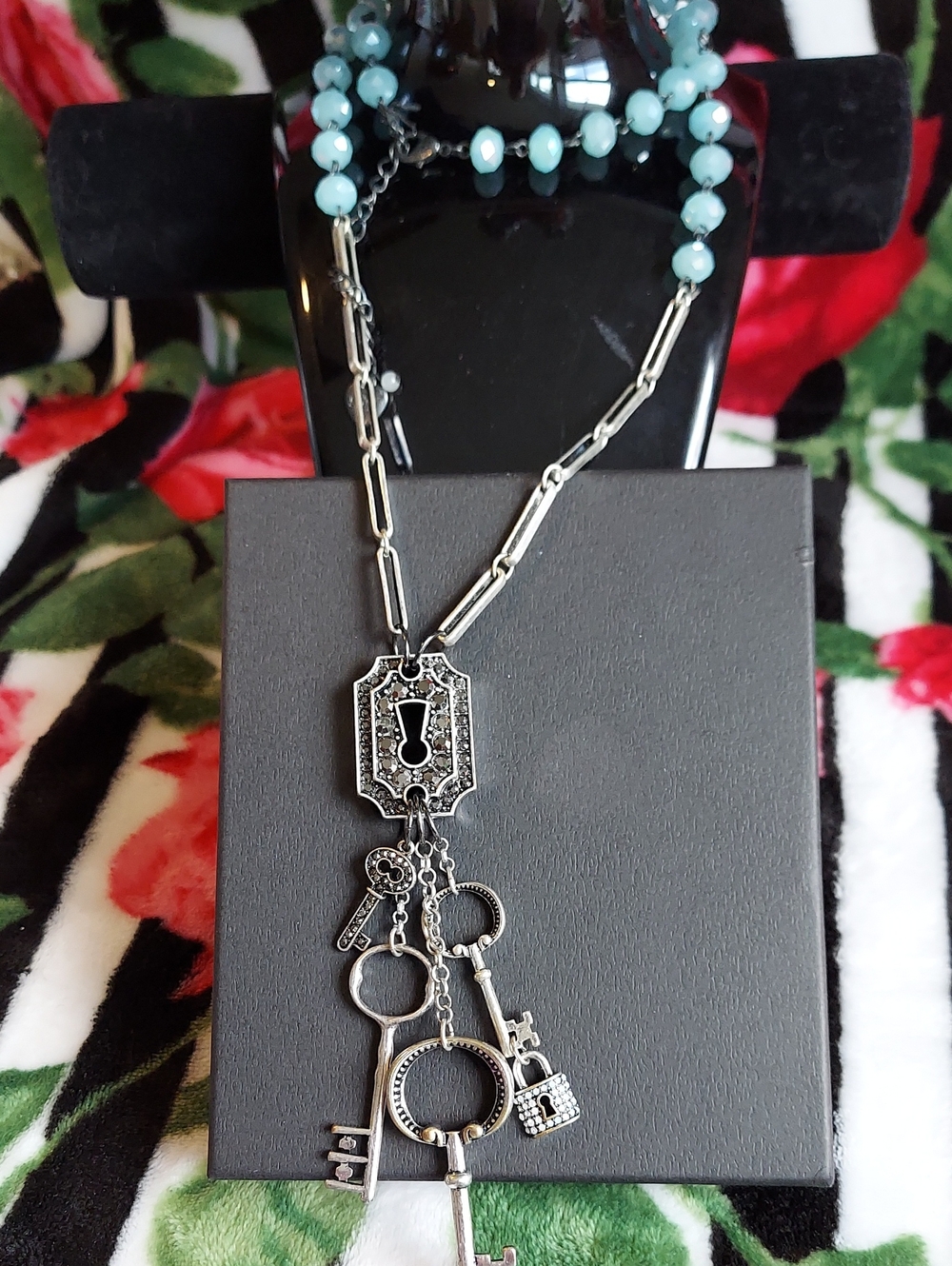 Betsey Johnson Silver Key Charm Multi-Drop Necklace and Earrings Set